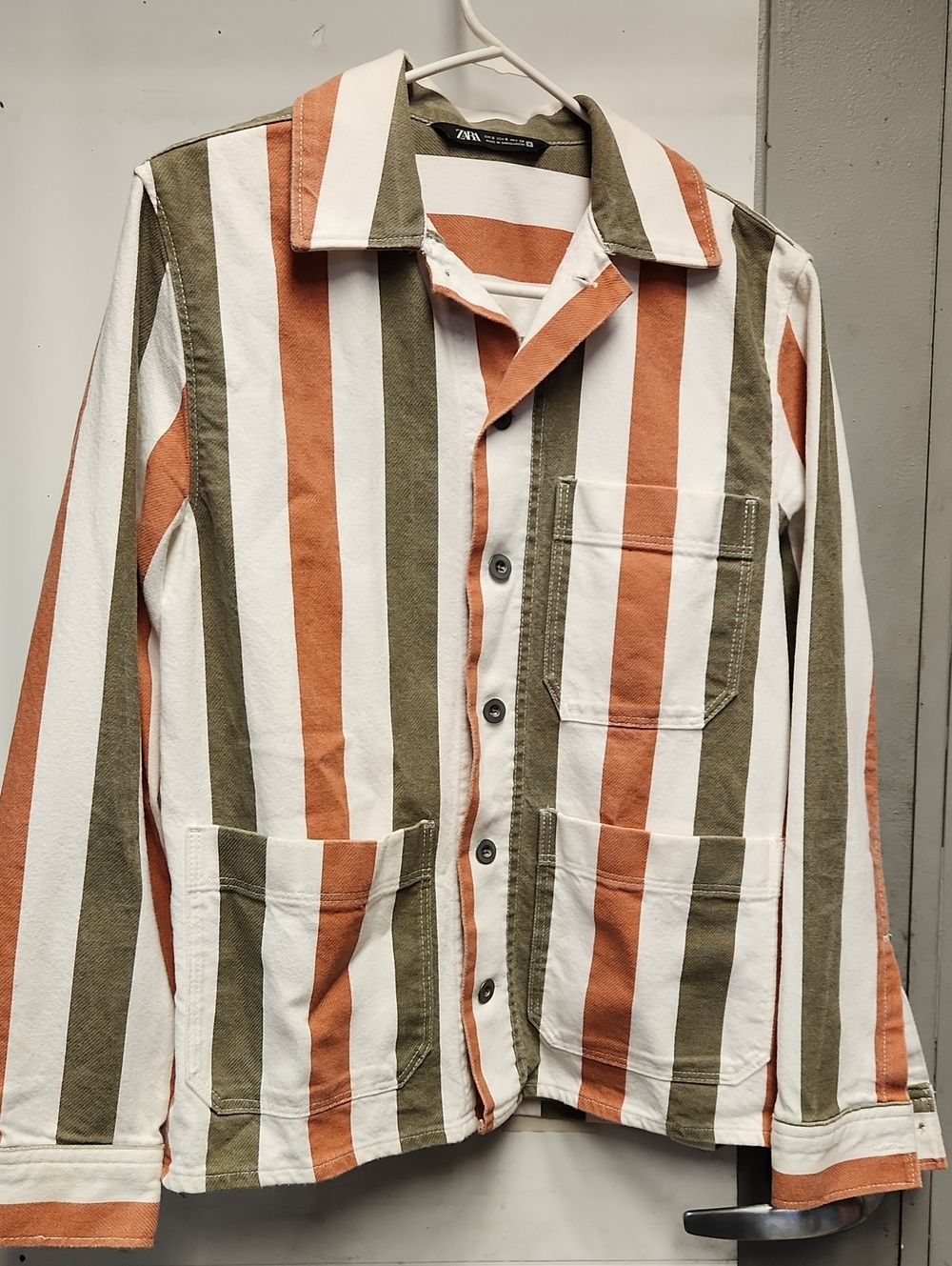 Zara Men’s Vertical Stripe Button-Down Shirt Jacket - Olive, Rust & White